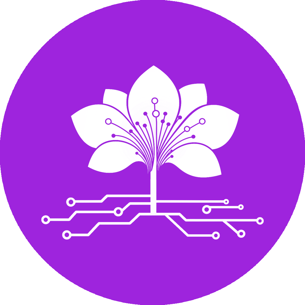 Logo Hwarang Biały kwiat sakury z korzeniem w kształcie ścieżki płytki drukowanej