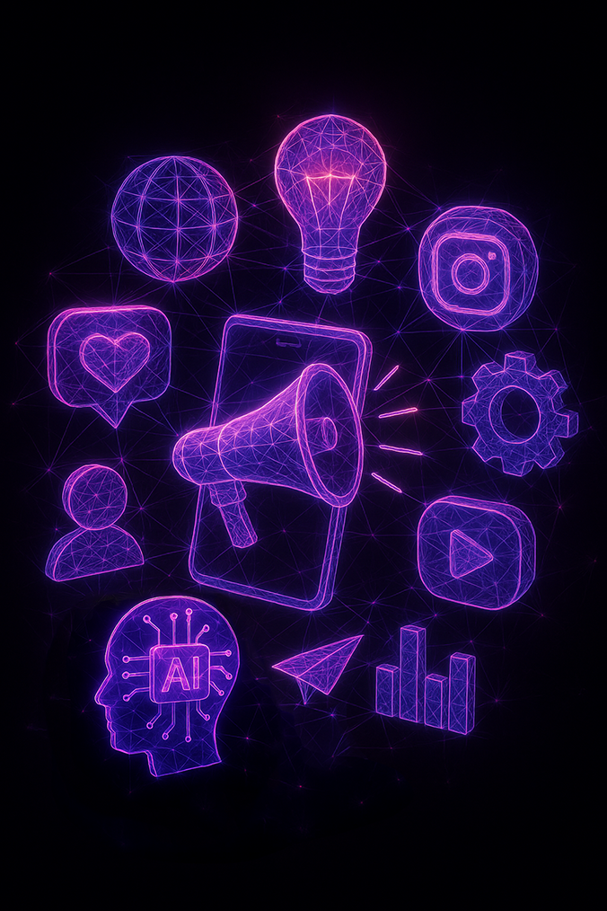 Ikona megafonu z logotypami social media – kampanie reklamowe Facebook, Instagram, LinkedIn.