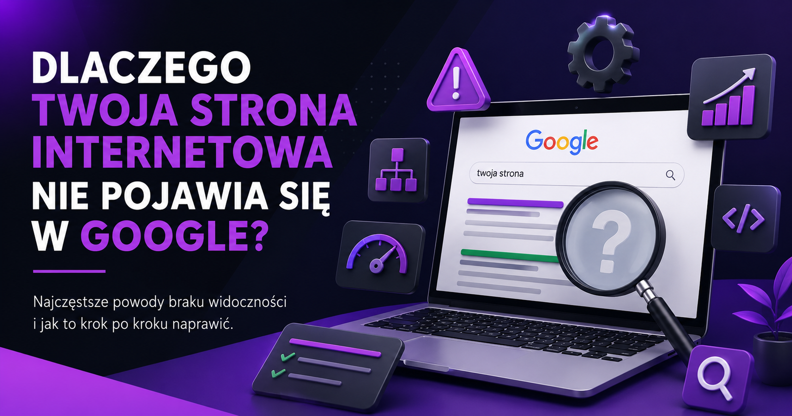 Laptop z wyszukiwarką i ikonami SEO pokazujący problem niewidocznej strony w Google.