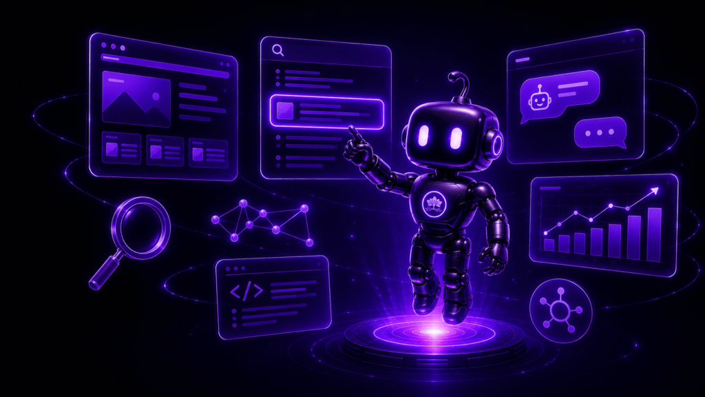 ALT: Fioletowy robot Hwarang Digital wskazujący stronę internetową widoczną w wynikach wyszukiwania AI – SEO w erze Google AI i ChatGPT.