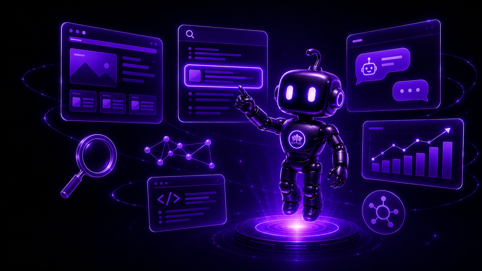ALT: Fioletowy robot Hwarang Digital wskazujący stronę internetową widoczną w wynikach wyszukiwania AI – SEO w erze Google AI i ChatGPT.