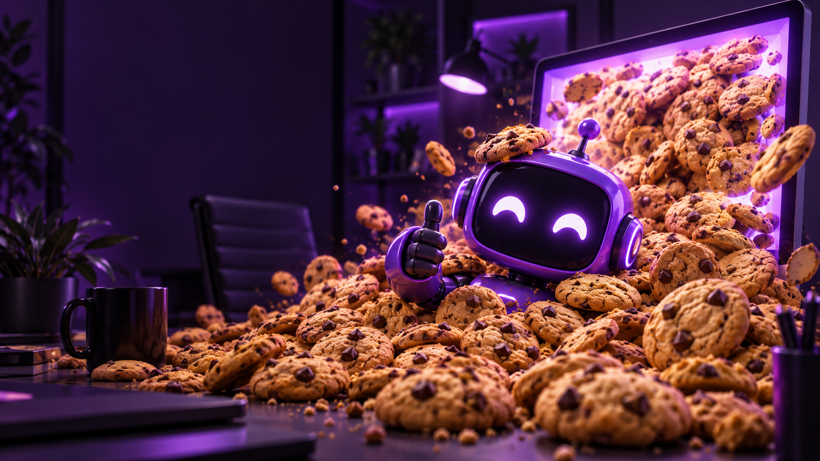 Fioletowy robot zasypany ciasteczkami wysypującymi się z monitora – symbol plików cookies na stronie internetowej.